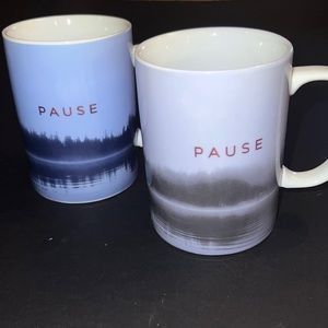 peaceful shore reflections & rose gold metallic “PAUSE” ceramic large mugs-NWOT